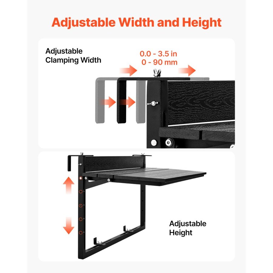 VEVOR Balcony Hanging Table 1015 x 380 mm 27 kg Folding Railing Bar Table, for Outdoor Patio Garden Deck Use, Fits 0-90 mm Rails, 5-Level Adjustable Height, Durable Wood-Plastic Composite Material