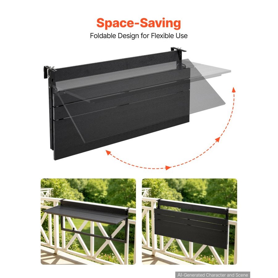 VEVOR Balcony Hanging Table 1015 x 380 mm 27 kg Folding Railing Bar Table, for Outdoor Patio Garden Deck Use, Fits 0-90 mm Rails, 5-Level Adjustable Height, Durable Wood-Plastic Composite Material