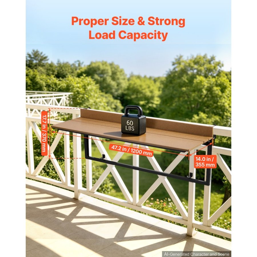VEVOR Balcony Hanging Table 1200 x 370 mm 27 kg Folding Railing Bar Table, for Outdoor Patio Garden Deck Use, Fits 35-60 mm Rails, 5-Level Adjustable Height, Durable Wood-Plastic Composite Material