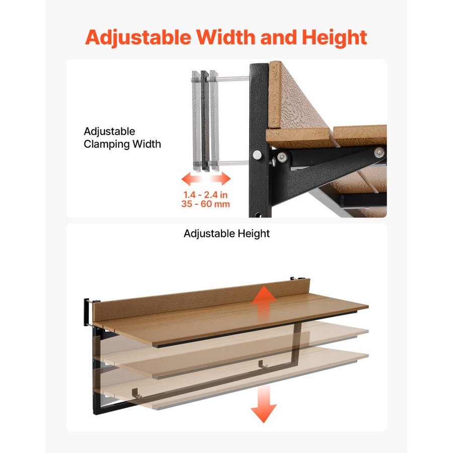 VEVOR Balcony Hanging Table 1200 x 370 mm 27 kg Folding Railing Bar Table, for Outdoor Patio Garden Deck Use, Fits 35-60 mm Rails, 5-Level Adjustable Height, Durable Wood-Plastic Composite Material