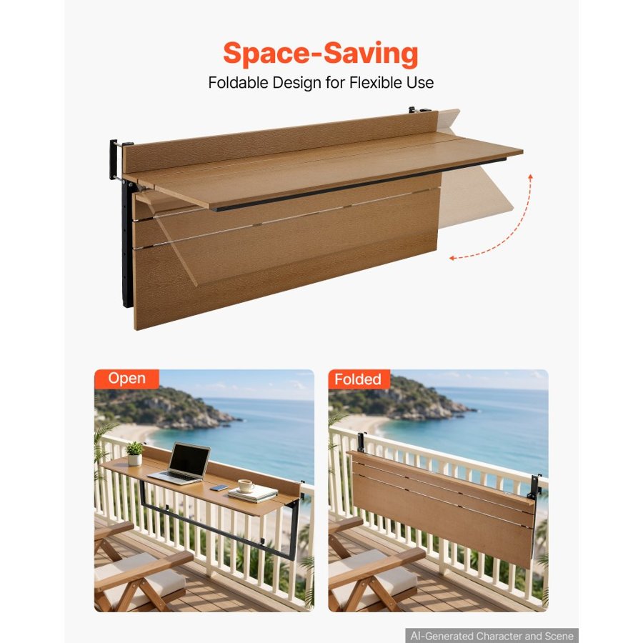VEVOR Balcony Hanging Table 1200 x 370 mm 27 kg Folding Railing Bar Table, for Outdoor Patio Garden Deck Use, Fits 35-60 mm Rails, 5-Level Adjustable Height, Durable Wood-Plastic Composite Material