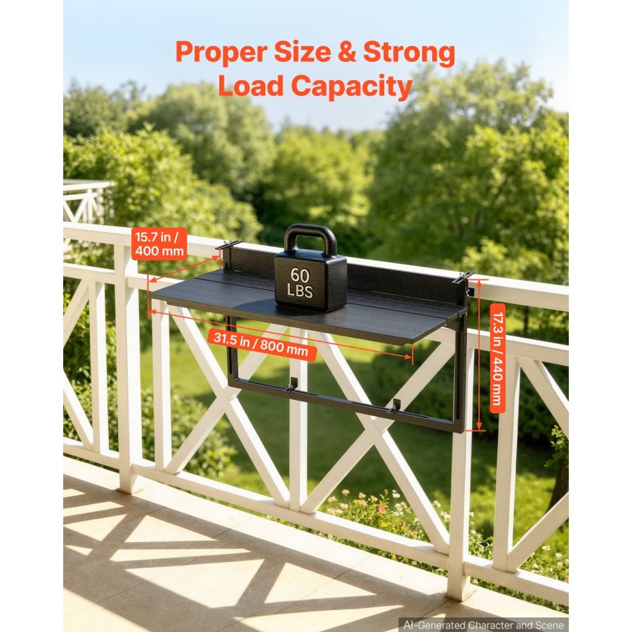 VEVOR Balcony Hanging Table 795 x 380 mm 27 kg Folding Railing Bar Table, for Outdoor Patio Garden Deck Use, Fits 0-90 mm Rails, 5-Level Adjustable Height, Durable Wood-Plastic Composite Material