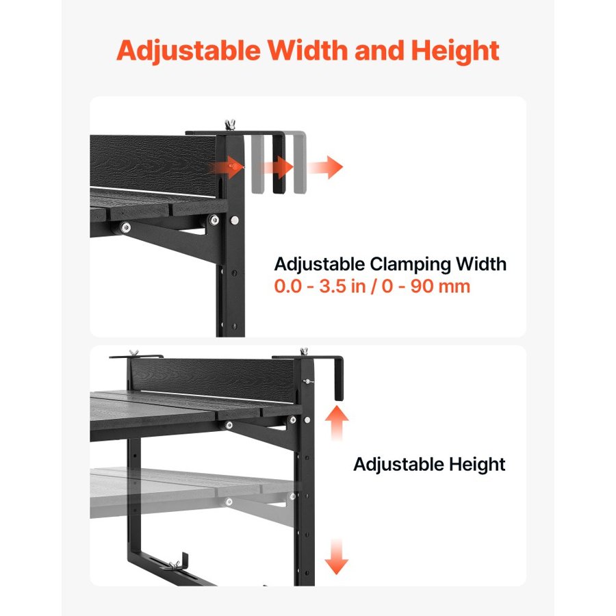 VEVOR Balcony Hanging Table 795 x 380 mm 27 kg Folding Railing Bar Table, for Outdoor Patio Garden Deck Use, Fits 0-90 mm Rails, 5-Level Adjustable Height, Durable Wood-Plastic Composite Material
