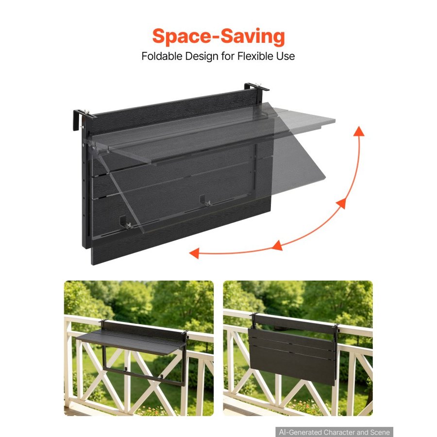 VEVOR Balcony Hanging Table 795 x 380 mm 27 kg Folding Railing Bar Table, for Outdoor Patio Garden Deck Use, Fits 0-90 mm Rails, 5-Level Adjustable Height, Durable Wood-Plastic Composite Material