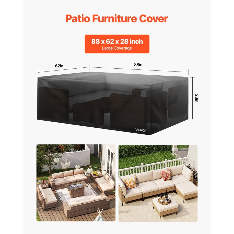 VEVOR Patio Furniture Cover, 420D Heavy Duty Waterproof Outdoor Dining Table and Chairs Cover, Large Rectangular Patio Table Covers with Air Vent for All Weather, 224L x 158W x 71H cm, Black