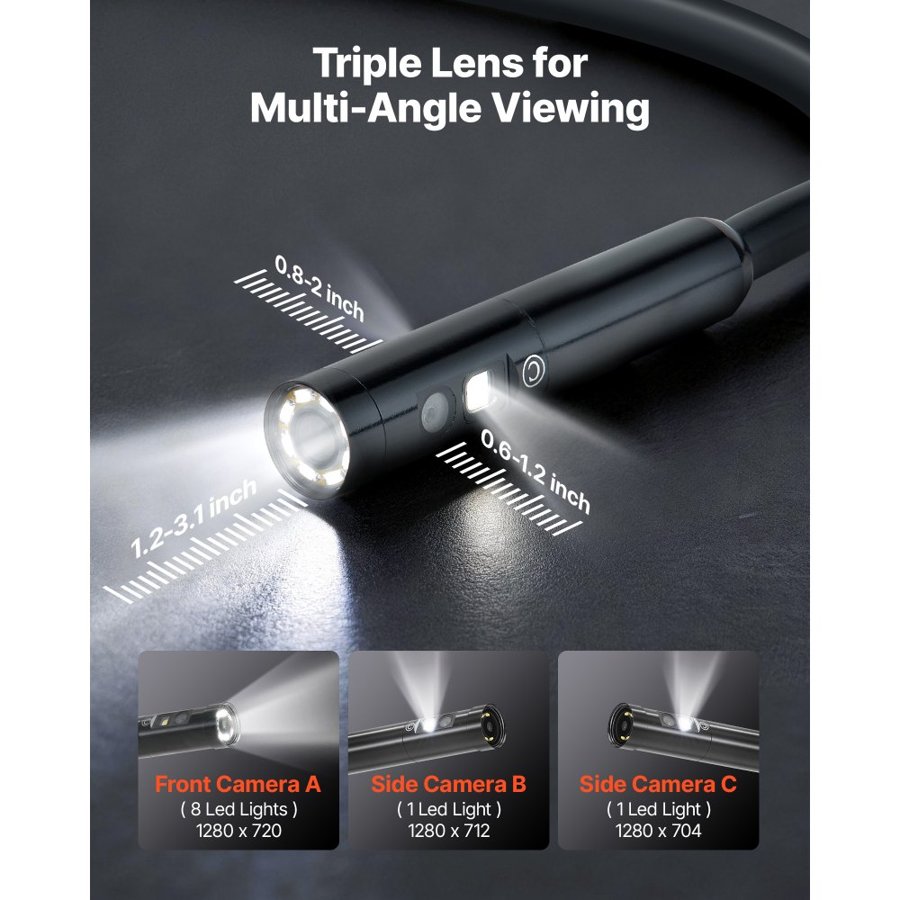 VEVOR Triple Lens Borescope Camera – 5" IPS, 8X Zoom