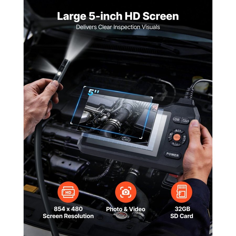 VEVOR Dual Lens Borescope – 5" IPS, 5.5 mm Slim Probe