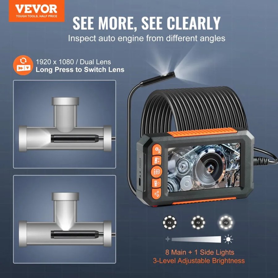 VEVOR Endoscope Camera with Lights Dual Lens Borescope 1499.6 cm Cable 10.9 cm Screen