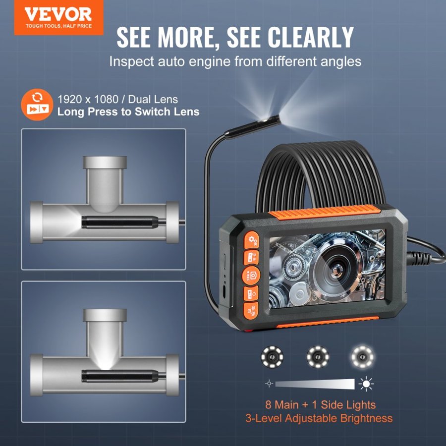 VEVOR Snake Camera with Light – 4.3" Screen, 1080P Camera