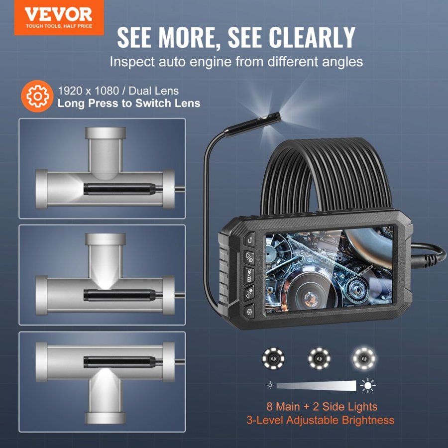 VEVOR Wire Camera with Light – 3 Lens, 5", 16.4FT, 8+2 LED