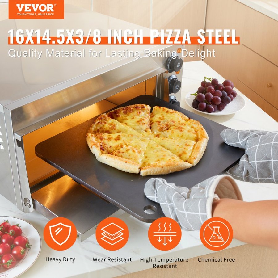 VEVOR Pizza Steel, 40.6 x 36.8 x 1 cm Pizza Steel Plate for Oven, Pre-Seasoned Carbon Steel Pizza Baking Stone with 20X Higher Conductivity, Heavy Duty Pizza Pan for Outdoor Grill, Indoor Oven