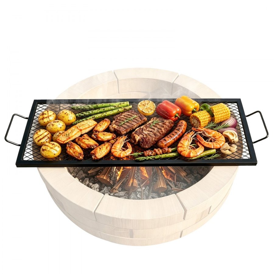 VEVOR X-Marks Fire Pit Grill Grate, Rectangle Cooking Grate, Heavy Duty Steel Campfire BBQ Grill Grid with Handle & Support X Wire, Portable Camping Cookware for Outside Party Gathering, 44 Inch Black