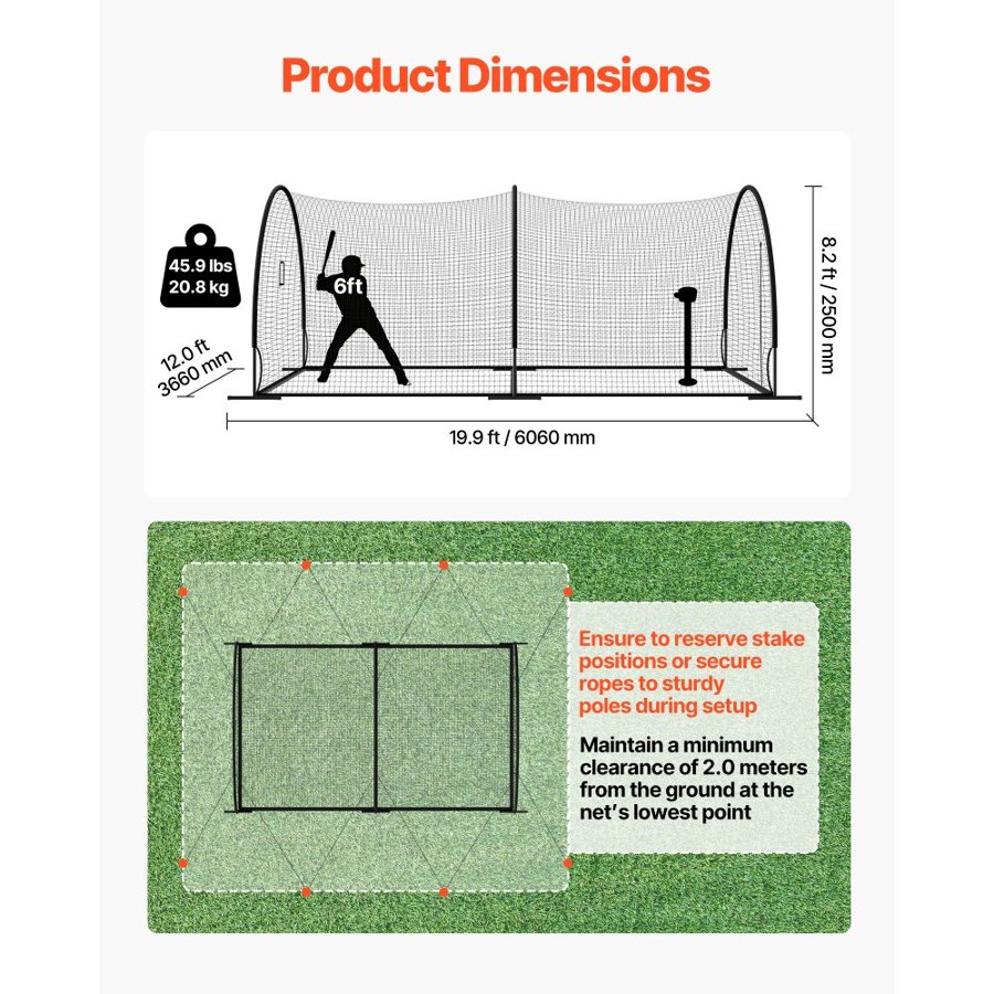 VEVOR Baseball Batting Cage, 6060 x 3660 x 2500mm Freestanding Portable Batting Cage, Hitting Cages with 30-Ply Knotted HDPE & Pitching Machine Opening, Battings Cages Netting for Indoor Outdoor