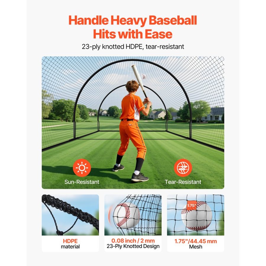 VEVOR Baseball Batting Cage, 6060 x 3660 x 2500mm Freestanding Portable Batting Cage, Hitting Cages with 30-Ply Knotted HDPE & Pitching Machine Opening, Battings Cages Netting for Indoor Outdoor