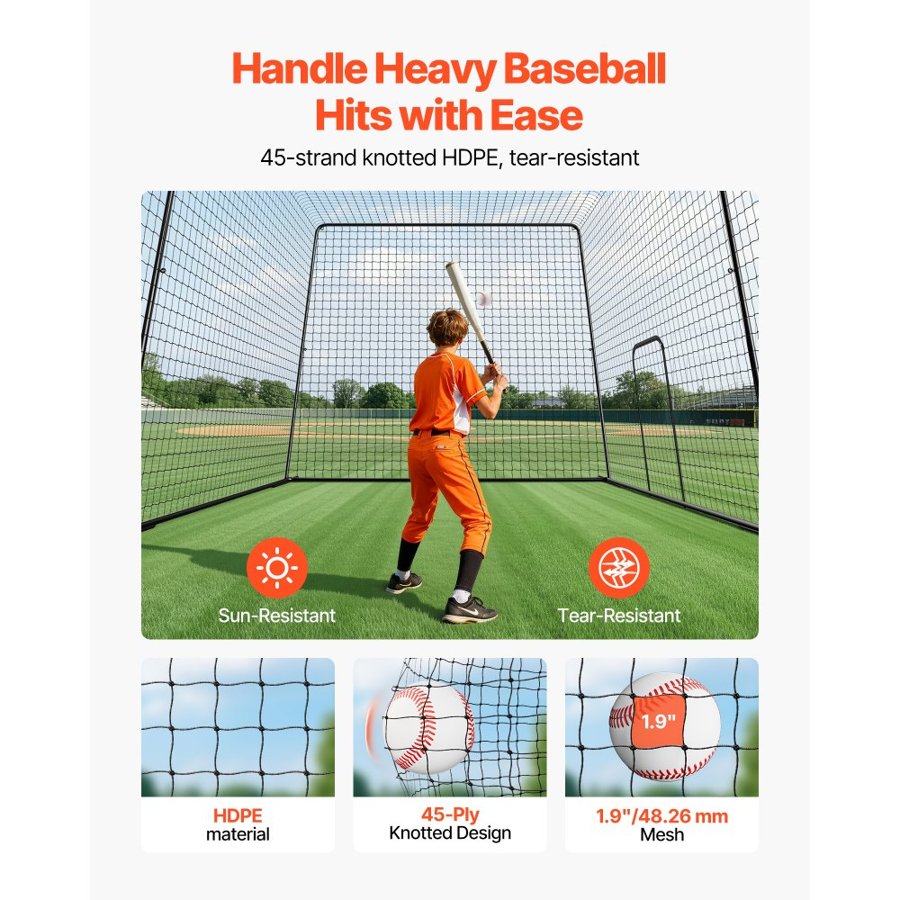 VEVOR Baseball Batting Cage, 12000 x 3680 x 3100mm Freestanding Portable Batting Cage, Hitting Cages with 45-Ply Knotted HDPE & Long Positioning Ropes, Battings Cages Netting for Indoor Outdoor