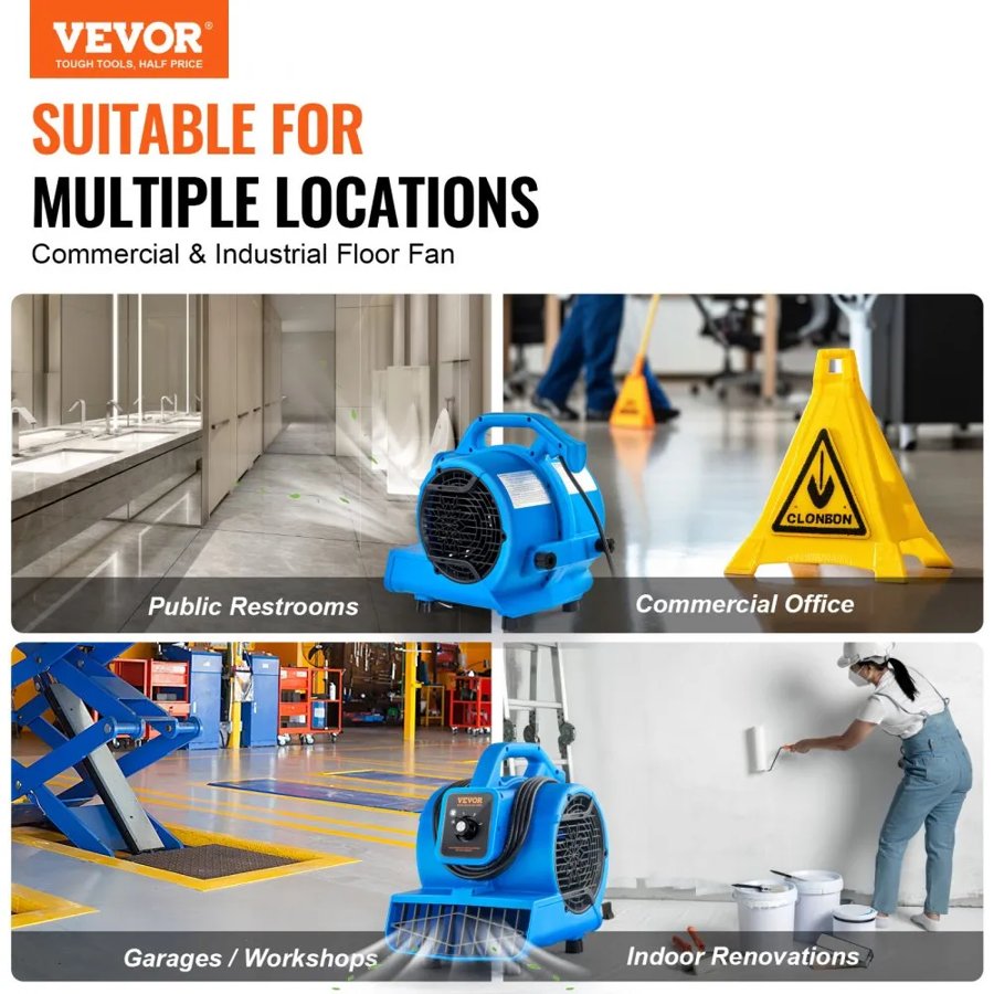 VEVOR Floor Blower, 1360 RPM 600 CFM, Air Mover for Drying and Cooling, Portable Carpet Dryer Fan with 4 Blowing Angles,3-Speeds Adjustment, for Janitorial, Home, Plumbing, Commercial Use