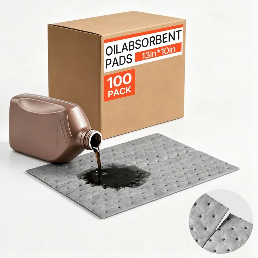 VEVOR Oil & Water Absorbent Pads, 33x25 cm 100-Pack, Heavy-Duty Spill Absorbing Pads, Universal for Gasoline/Engine Oil/Water/Coolant, Durable PP Spill Control Mats for Garage Workshop Factory