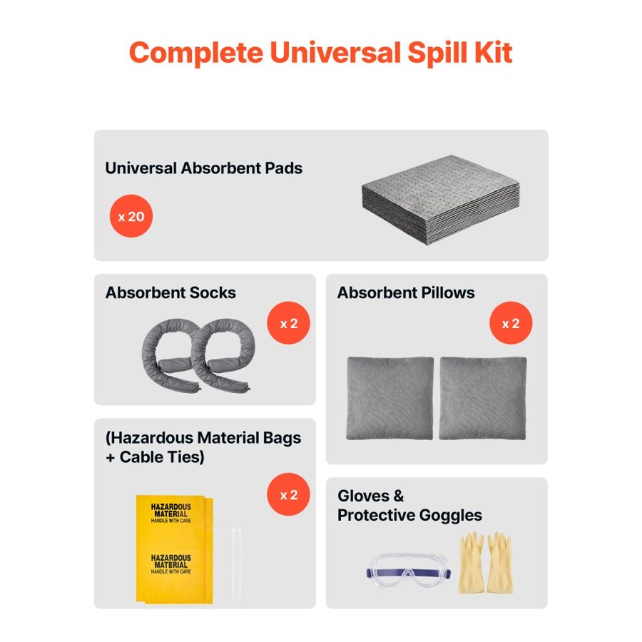 VEVOR Complete Spill Absorbent Kit for Oil & Water, 20PCS Medium-Duty Spill Absorbent Pads, 2 Socks, 2 Pillows, 2 Hazardous Material Bags, 1 Carrying Bag for Garage Workshop Spill Control & Cleanup
