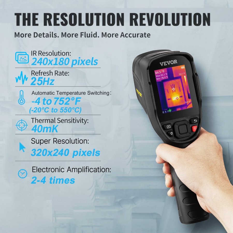 VEVOR Infrared Thermal Imager Thermal Camera IR Resolution 240x180 7.1 cm LCD Screen