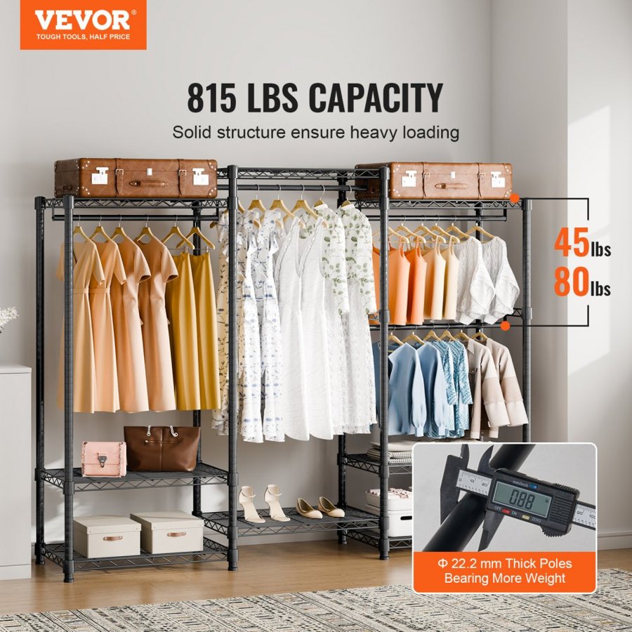 VEVOR Heavy Duty Clothes Rack, Rolling Clothing Garment Rack with 4 Hang Rods & 8 Storage Tiers, Adjustable Custom Closet Rack, Freestanding Wardrobe for Hanging Clothes, 362.9kg Load Capacity