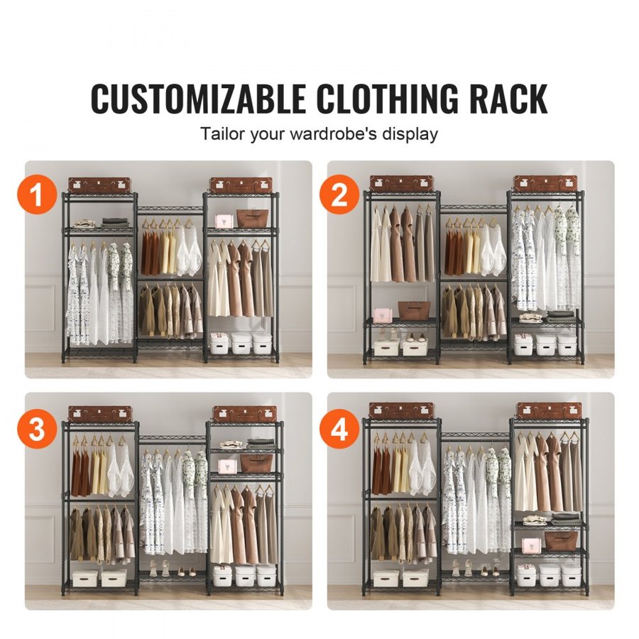 VEVOR Heavy Duty Clothes Rack, Rolling Clothing Garment Rack with 4 Hang Rods & 8 Storage Tiers, Adjustable Custom Closet Rack, Freestanding Wardrobe for Hanging Clothes, 362.9kg Load Capacity
