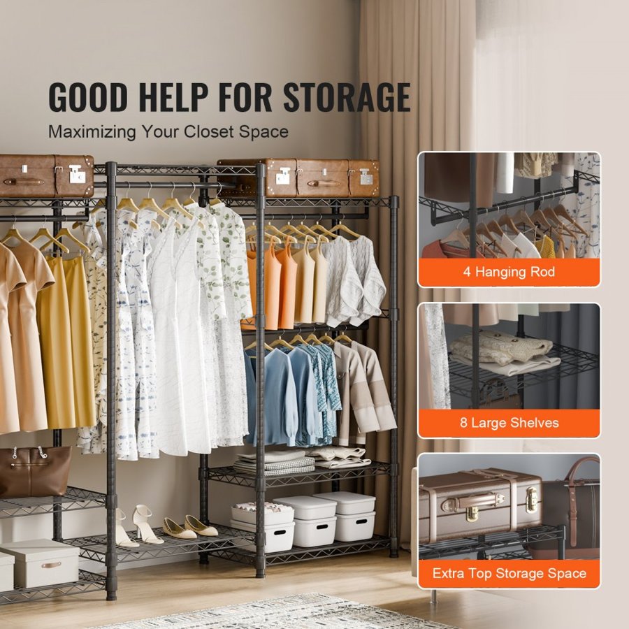 VEVOR Heavy Duty Clothes Rack, Rolling Clothing Garment Rack with 4 Hang Rods & 8 Storage Tiers, Adjustable Custom Closet Rack, Freestanding Wardrobe for Hanging Clothes, 362.9kg Load Capacity