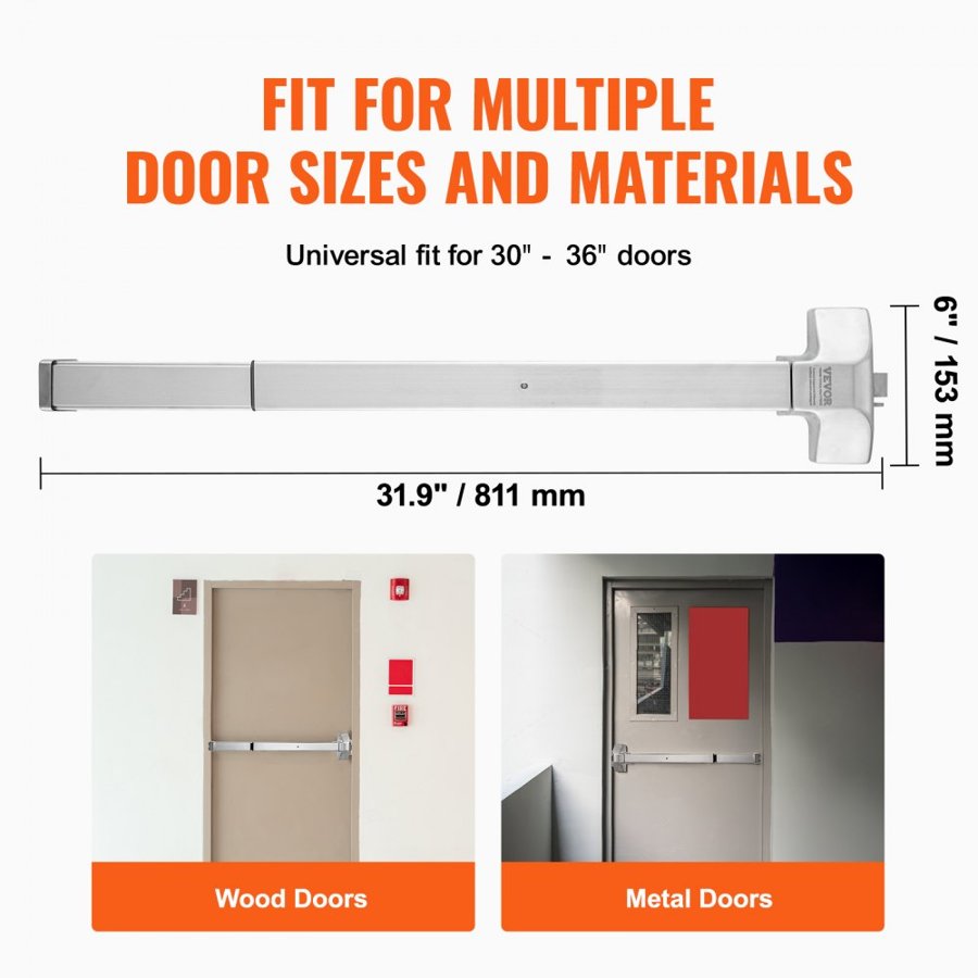 VEVOR Push Bar Door Locks, Stainless Steel Panic Bars for Exit Doors, with Exterior Lever and 3 Keys, Push Bar Panic Exit Device Door Hardware for Metal Wood Door, for Left and Right Handed Doors