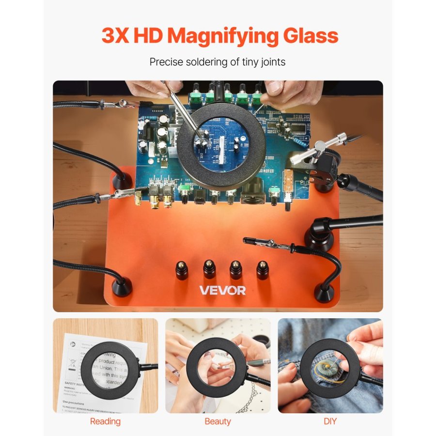 VEVOR Magnetic Helping Hands Soldering Station, Third Hand Soldering Tool with 3X LED Magnifying Lamp, 4 PCB Holders & 360 Hot Air Gun Holder, Heavy-Duty Base Station for Electronic Repair Craft Hobby