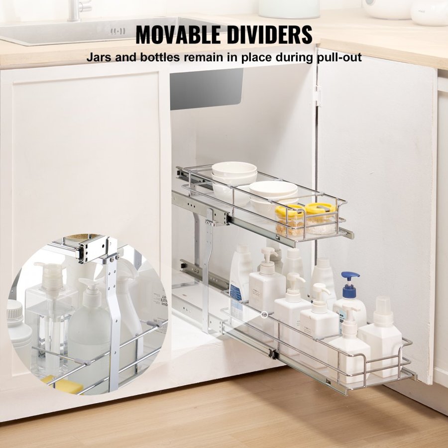 VEVOR 8.5"Wx21"Dx15"H Pull Out Cabinet Organizer, Heavy Duty Slide Out Pantry Shelves, Steel Roll Out Drawers, Sliding Drawer Storage for Home Under Sink, 10"Wx22"Dx18"H Install Size for Cabinet