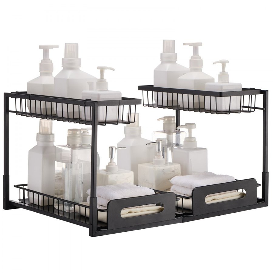 VEVOR 2 Tier Pull Out Cabinet Organizer(10.7"W x 14.2"D ), Under Sink Organizer and Storage, Slide Out Drawer Cabinet Organizer, Wire Basket Shelf, 25.5"Wx15.5"Dx13"H Install Size for Cabinet (2 Pack)
