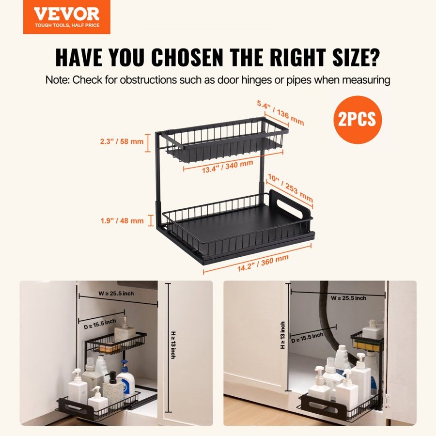 VEVOR 2 Tier Pull Out Cabinet Organizer(10.7"W x 14.2"D ), Under Sink Organizer and Storage, Slide Out Drawer Cabinet Organizer, Wire Basket Shelf, 25.5"Wx15.5"Dx13"H Install Size for Cabinet (2 Pack)