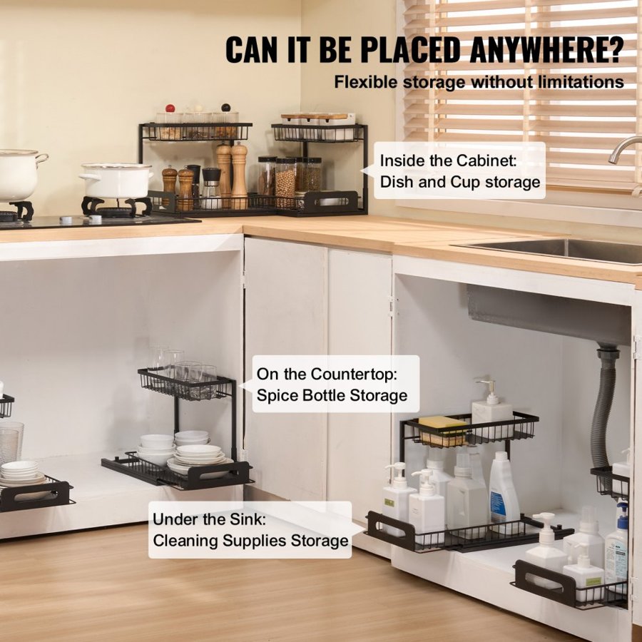 VEVOR 2 Tier Pull Out Cabinet Organizer(10.7"W x 14.2"D ), Under Sink Organizer and Storage, Slide Out Drawer Cabinet Organizer, Wire Basket Shelf, 25.5"Wx15.5"Dx13"H Install Size for Cabinet (2 Pack)