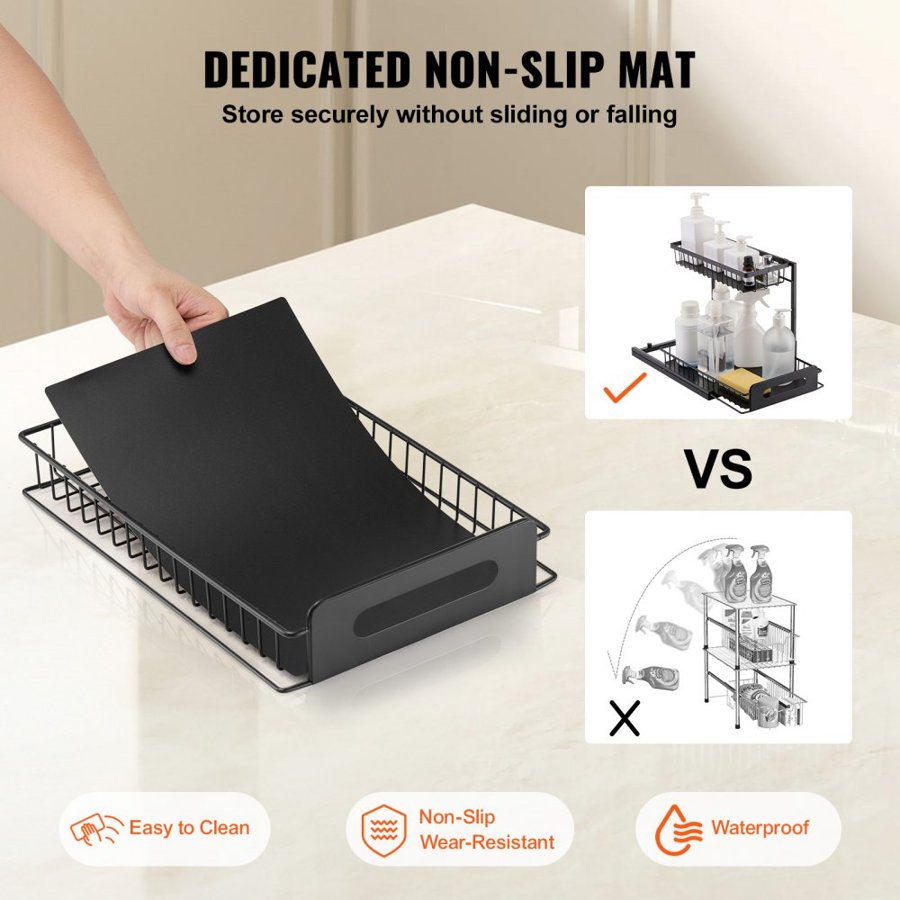 VEVOR 2 Tier Pull Out Cabinet Organizer(10.7"W x 14.2"D ), Under Sink Organizer and Storage, Slide Out Drawer Cabinet Organizer, Wire Basket Shelf, 25.5"Wx15.5"Dx13"H Install Size for Cabinet (2 Pack)