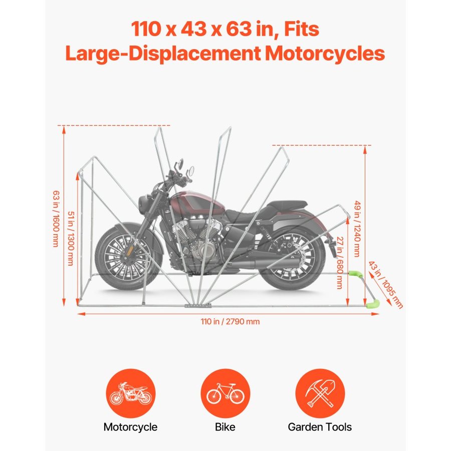 VEVOR Motorcycle Storage Shelter with Security Lock, 600D Oxford Flip-Up Garage Tent, Heavy-Duty All-Weather Motorcycle Cover with Ventilation Windows, 110 x 43 x 63 in Outdoor Vehicle Shelter, Black