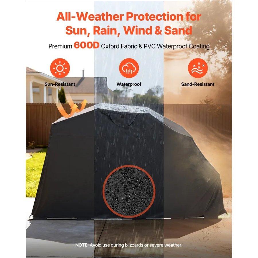 VEVOR Motorcycle Storage Shelter with Security Lock, 600D Oxford Flip-Up Garage Tent, Heavy-Duty All-Weather Motorcycle Cover with Ventilation Windows, 136x54x75 in Outdoor Vehicle Shelter, Black