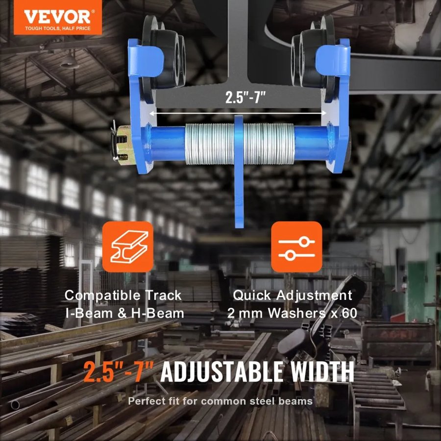 VEVOR Manual Trolley, 2200 lbs/1 Ton Load Capacity, Push Beam Trolley with Dual Wheels, Adjustable for I-Beam Flange Width 63.5-177.8 mm, Heavy Duty Alloy Steel Garage Hoist for Straight Curved I Beam