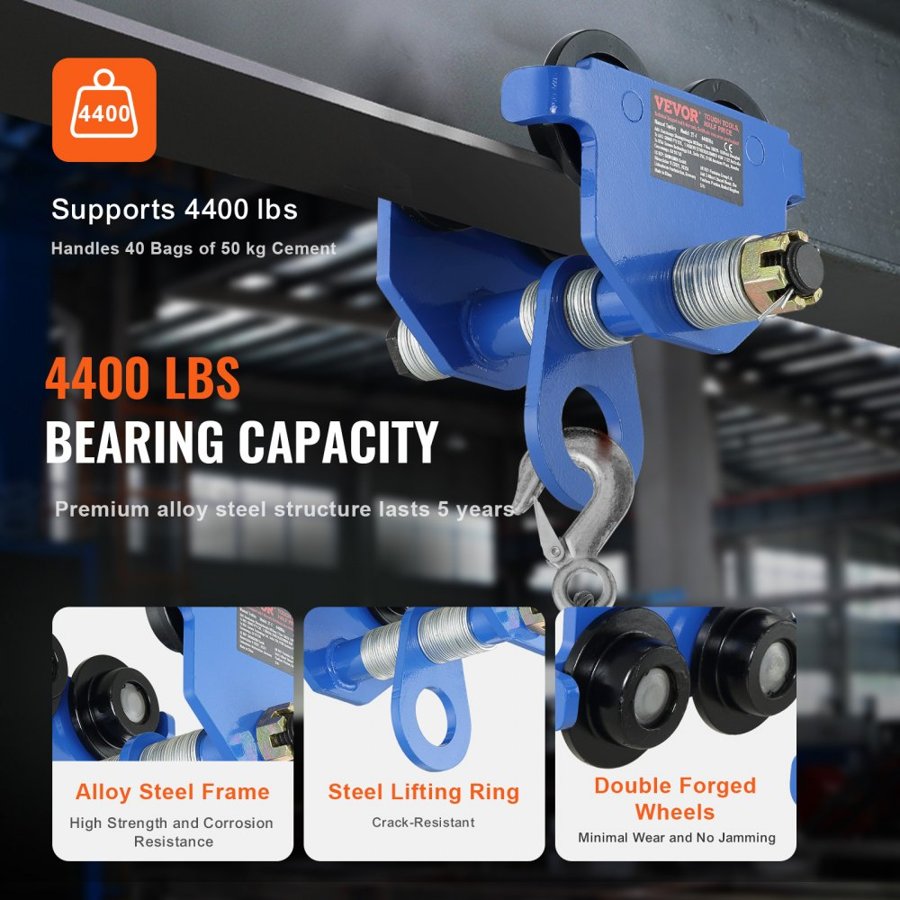 VEVOR Manual Trolley, 4400 lbs/2 Ton Load Capacity, Push Beam Trolley with Dual Wheels, Adjustable for I-Beam Flange Width 63.5-177.8 mm, Heavy Duty Alloy Steel Garage Hoist for Straight Curved I Beam