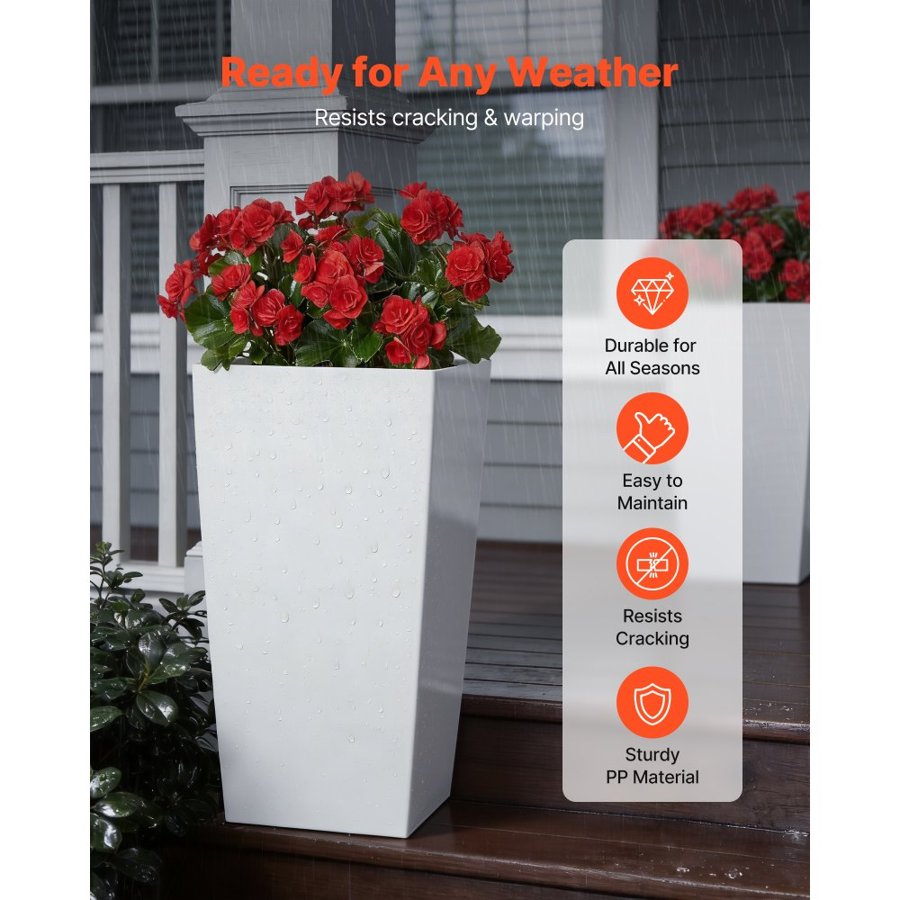 VEVOR Tall Planters Set of 2, 750 mm Large Outdoor Taper Planters for Outdoor Indoor Plants, Front Porch Plastic Modern Flower Pots with Casters, Inner Pot & Drainage Holes for Patio, Garden, White