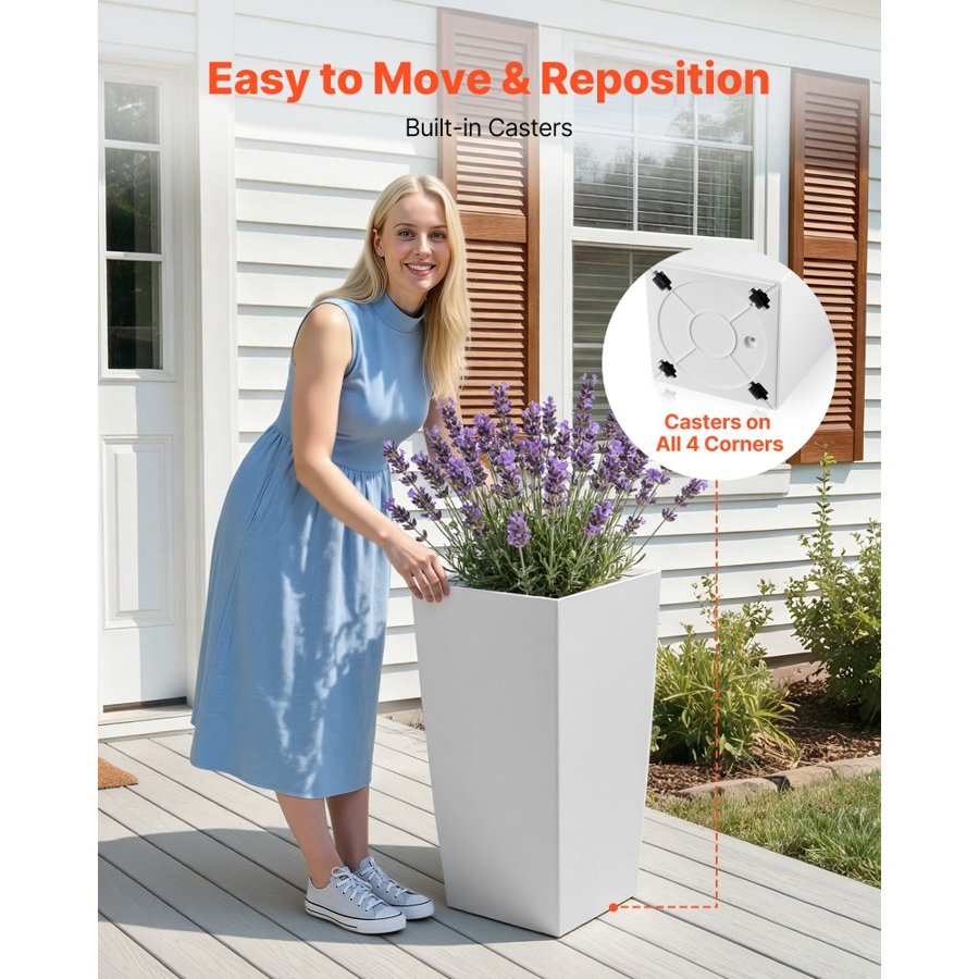 VEVOR Tall Planters Set of 2, 750 mm Large Outdoor Taper Planters for Outdoor Indoor Plants, Front Porch Plastic Modern Flower Pots with Casters, Inner Pot & Drainage Holes for Patio, Garden, White