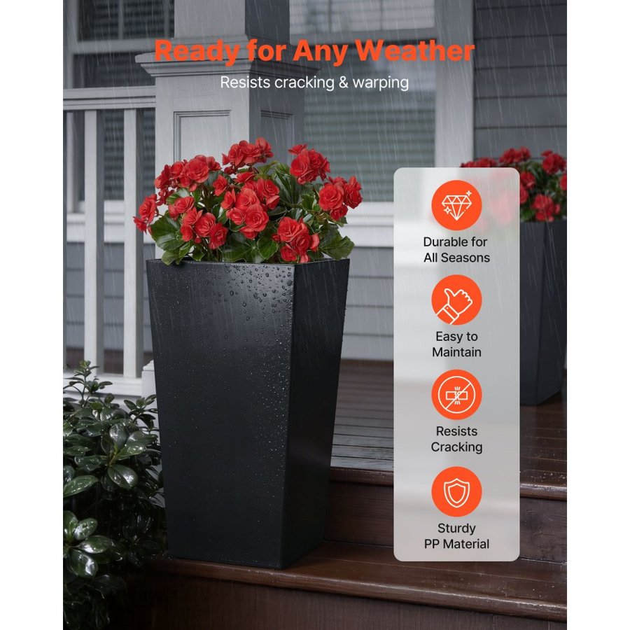 VEVOR Tall Planters Set of 2, 665 mm Large Outdoor Taper Planters for Outdoor Indoor Plants, Front Porch Plastic Modern Flower Pots with Casters, Inner Pot & Drainage Holes for Patio, Garden, Black
