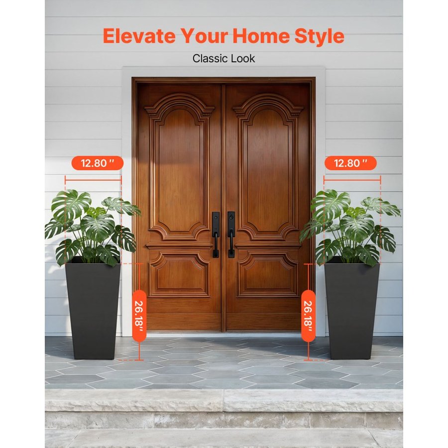 VEVOR Tall Planters Set of 2, 665 mm Large Outdoor Taper Planters for Outdoor Indoor Plants, Front Porch Plastic Modern Flower Pots with Casters, Inner Pot & Drainage Holes for Patio, Garden, Black