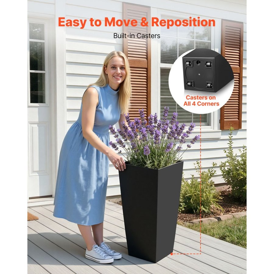 VEVOR Tall Planters Set of 2, 665 mm Large Outdoor Taper Planters for Outdoor Indoor Plants, Front Porch Plastic Modern Flower Pots with Casters, Inner Pot & Drainage Holes for Patio, Garden, Black