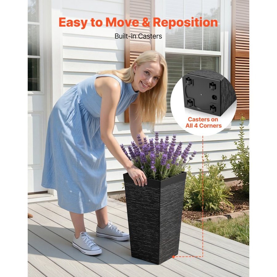 VEVOR Tall Planters Set of 2, 580 mm Large Outdoor Taper Planters for Outdoor Indoor Plants, Front Porch Plastic Modern Flower Pots with Casters, Inner Pot & Drainage Holes for Patio, Garden, Black