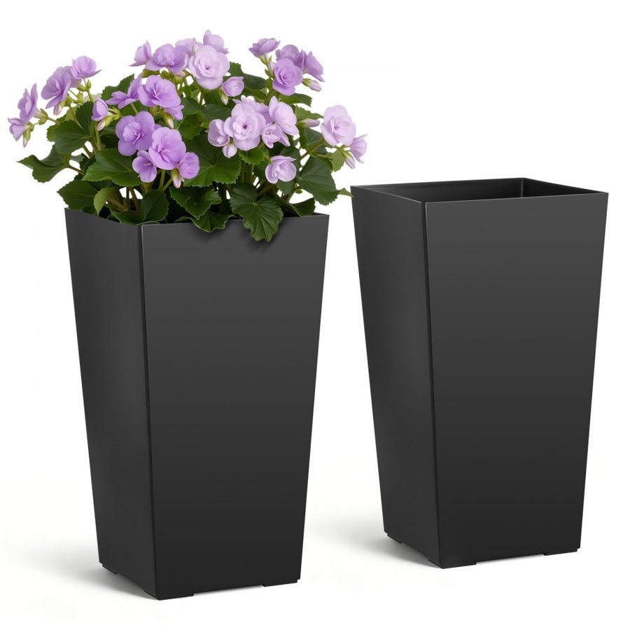 VEVOR Tall Planters Set of 2, 550 mm Large Outdoor Taper Planters for Outdoor Indoor Plants, Front Porch Plastic Modern Flower Pots with Casters, Inner Pot & Drainage Holes for Patio, Garden, Black