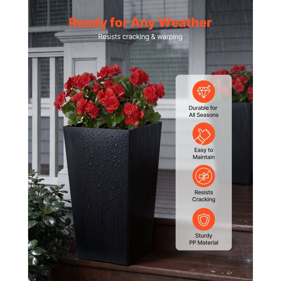 VEVOR Tall Planters Set of 2, 550 mm Large Outdoor Taper Planters for Outdoor Indoor Plants, Front Porch Plastic Modern Flower Pots with Casters, Inner Pot & Drainage Holes for Patio, Garden, Black