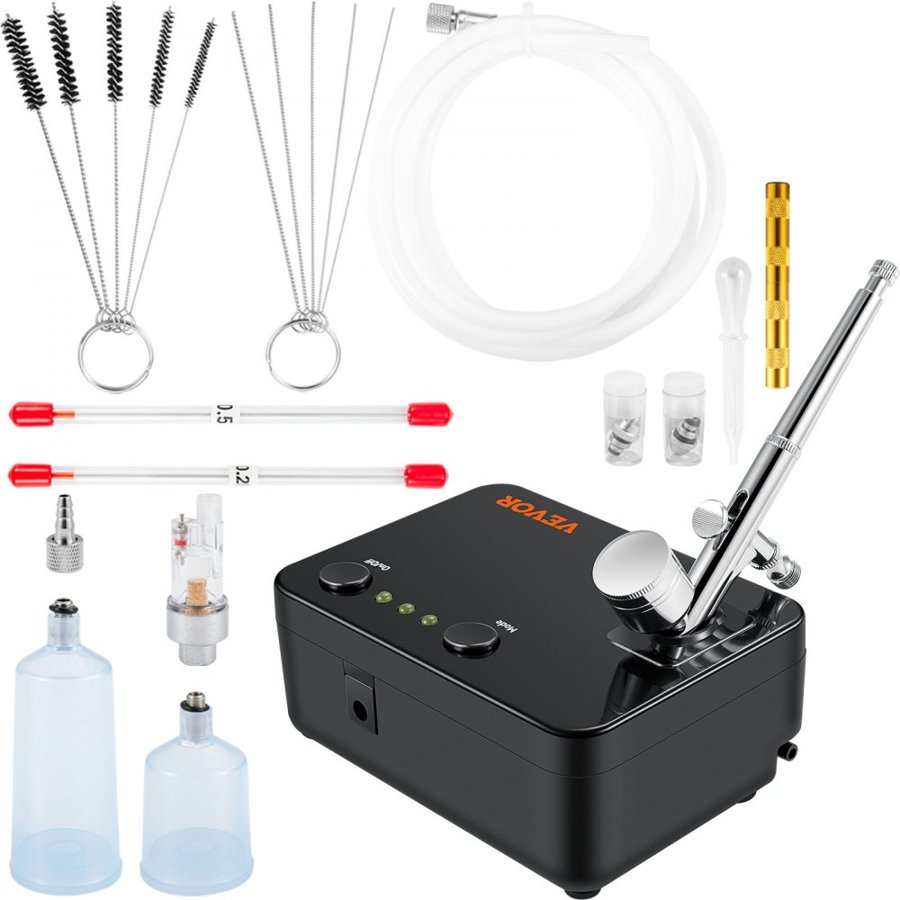 VEVOR Airbrush Kit, Portable Airbrush Set with Compressor, Airbrushing System Kit with Multi-purpose Dual-action Gravity Feed Airbrushes, Art Nail Cookie Tattoo Makeup Cake Decorating Spray Model Craf