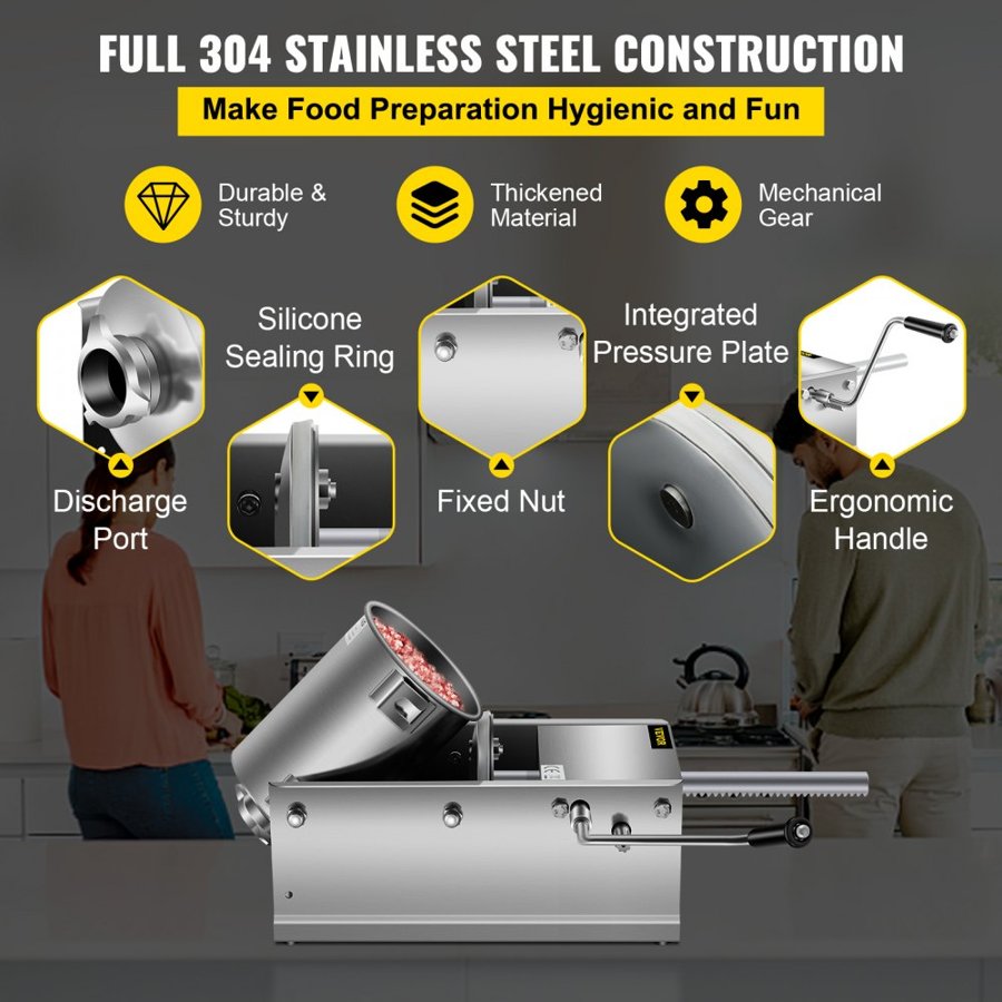 VEVOR Manual Sausage Stuffer, 3 L / 7 LBS Horizontal Sausage Machine, Dual-Speed Meat Stuffer, Made of Food-Grade 304 Stainless Steel, Includes 5 Stuffing Tubes, for Home Kitchen Restaurant Commercial