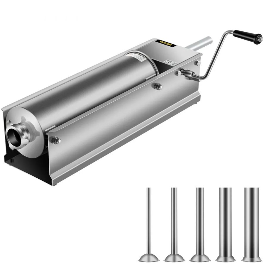 VEVOR Manual Sausage Stuffer, 7 L / 15 LBS Horizontal Sausage Machine, Dual-Speed Meat Stuffer, Made of Food-Grade 304 Stainless Steel, Includes 5 Stuffing Tubes, for Home Kitchen Restaurant Commercia