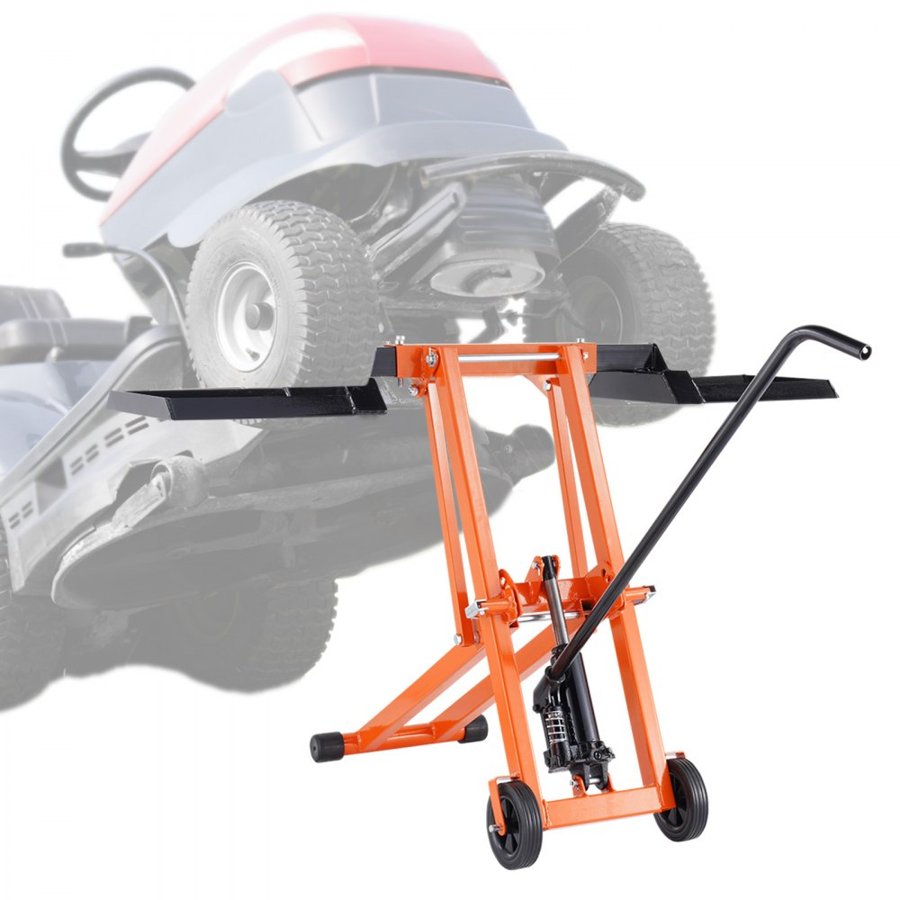 VEVOR Lawn Mower Lift with Hydraulic Jack, 500 Lbs Weight Capacity, Solid Carbon Steel Lawn Mower Lift, Adjustable Movable Lawn Lifter for Riding Tractors and Zero Turn Lawn Mowers, Orange
