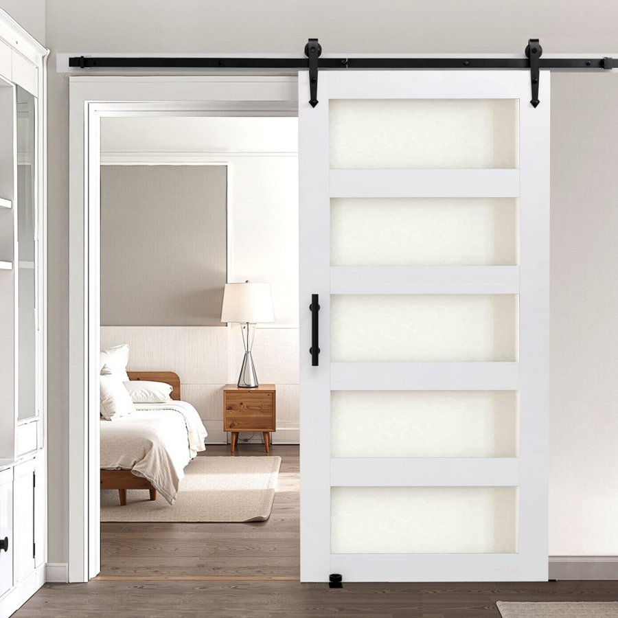 VEVOR Sliding Barn Door, 1067 x 2134mm, High-Strength MDF Panel and Glass, Barn Door with Hardware Kit, Water-Proof PVC Surface, Easy to Install, H-Frame, Smoothly and Quietly Sliding for Living Room